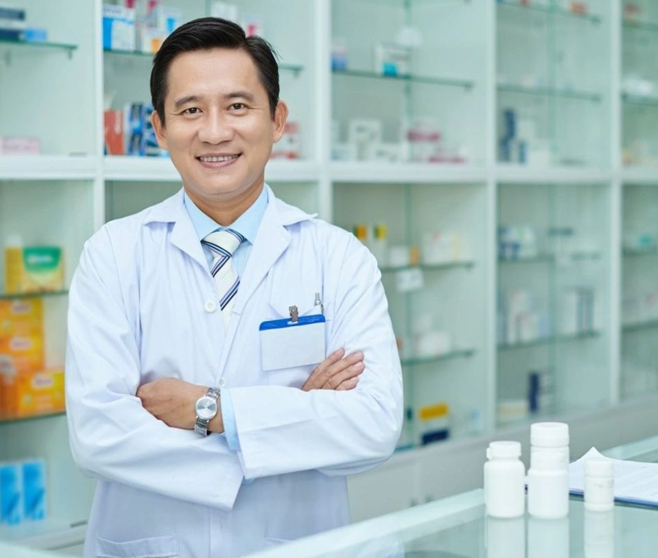 A man in white lab coat standing next to shelves.